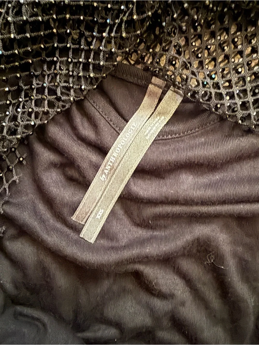 Anthropologie Black Beaded Mesh Top Long Sleeve Rhinestones Festival Y2K XXS